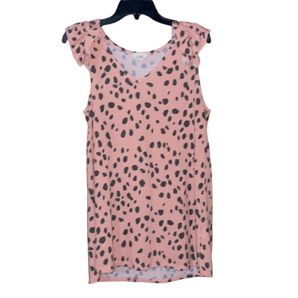 •BIBI•PINK & GRAY SPOTTED V-NECK RUFFLE SLEEVE TANK TOP SIZE SMALL